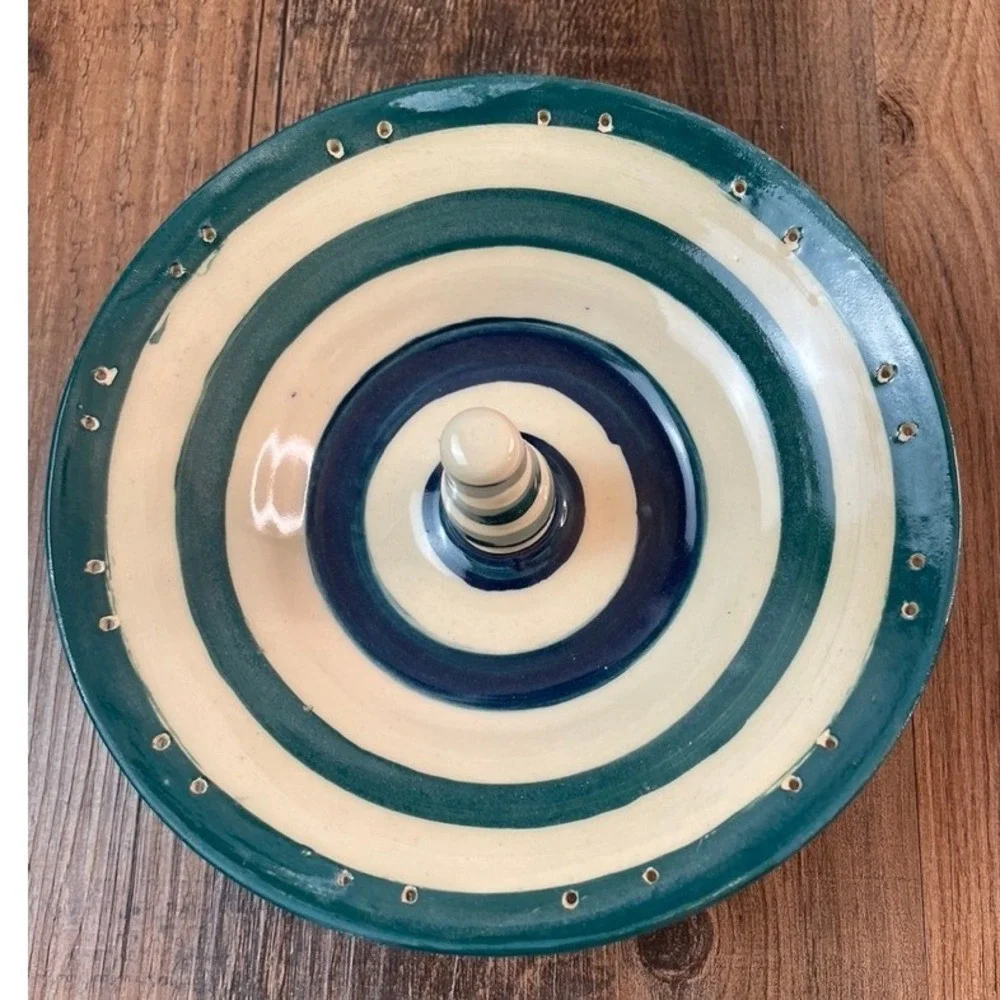 Yes Mam Studio Pottery Apple Baker Teal Navy Striped Tripod Footed Ceramic